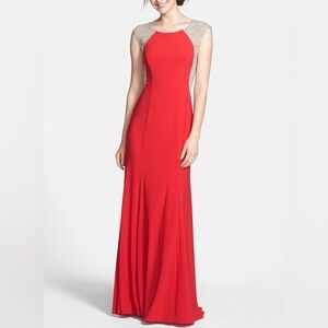 Xscape Red Cap Sleeve Jewel Formal Prom Evening Gown Dress - Size 4